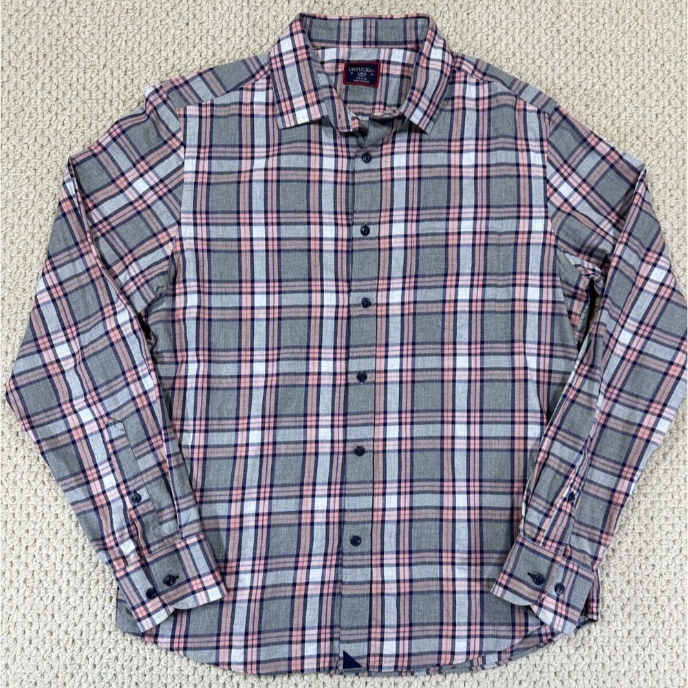 UNTUCKit Flannel Shirt Mens L Gray Plaid Rousseau Slim Fit Long Sleeve Button Up
